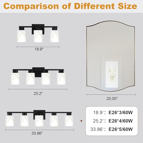 Image of 5-Light Bathroom Light Fixtures, Modern Vanity Lights, Black Metal Wall Lamp with White Marble Glass for Bathroom, Mirror, Living Room, Bedroom, Cabinet, Porch, Hallway, E26 Base