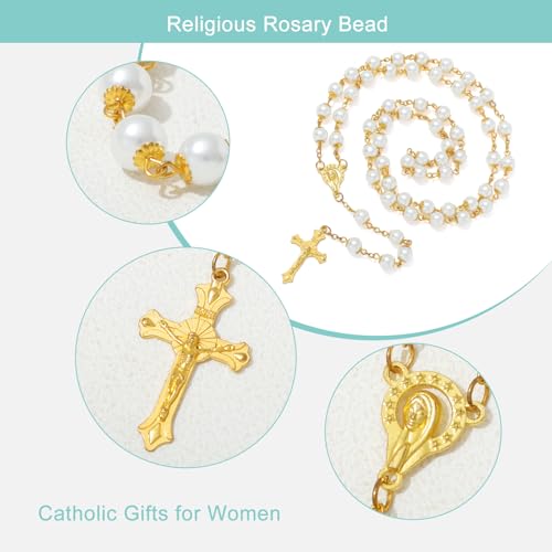 KOMI Catholic Rosary Beads for Women - Glass Pearl Beads Necklace with Saint Benedict Medal & Crucifix - Catolicos Rosary Gifts with Pouch3