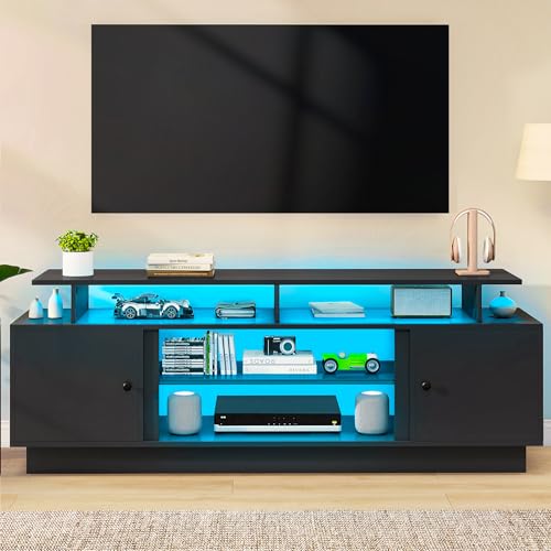 YITAHOME Modern TV Stand for 70 inch TVs, Entertainment Center with LED Lights for up to 80 Inch, TV Console with Storage Cabinets & Movable Partition for Living Room (Black)