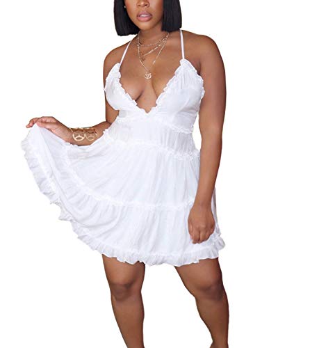 Image of WOKANSE Women Sexy V-Neck Sleeveless Spaghetti Straps Cross Backless Ruched Ruffle Party Club Beach Mini Dresses