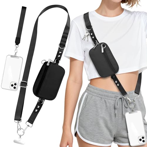 Uiwkow 3-in-1 Clip and Go Strap for Phone with Wallet Crossbody Detachable Zippered RFID Wristlet WalletAdjustable Anti-Theft Phone Lanyard for Women | Hands-Free for Daily Errands & Travel (Black)