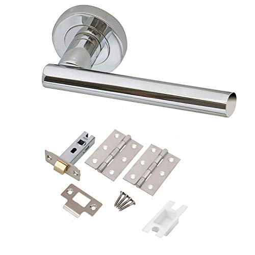 Golden Grace T-Bar Door Handles on Round Rose in Polished Chrome with Hinges and Tubular Latch - 1 Set