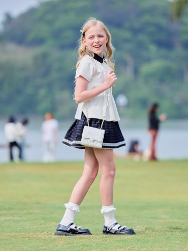 Girls White Polo Shirt with Black Peter Pan Collar and Lace Trim,Uniform Style for 6–16Y3