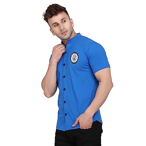 Image of Geum Men's Mandarin Collar Shirt with Graphic Print| Short Sleeve Cotton Blend Slim Fit Casual Shirt for Men