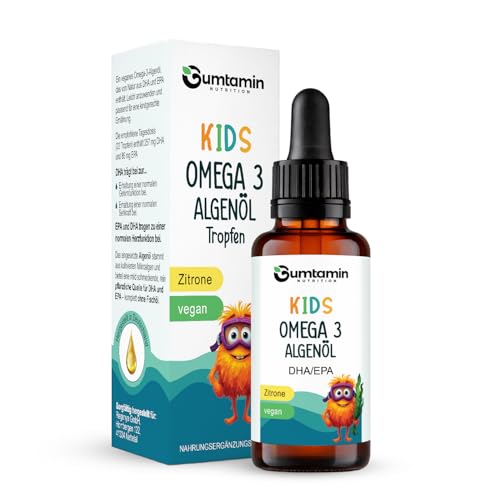Gumtamin Omega 3 Kinder Tropfen Omega-3 Tropfen aus Algenöl für Kinder ab 4 Jahren Nahrungsergänzungsmittel mit DHA & EPA Zitrone 30 ml