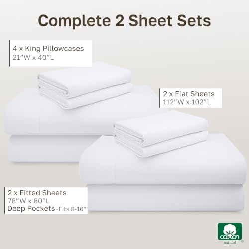 Image of California Design Den 2-Pack King Sheets Sets - Luxury 600 Thread Count Sateen, 100% Cotton Sheets King Size Deep Pocket Set, Soft, Crisp and Durable Bedding - White