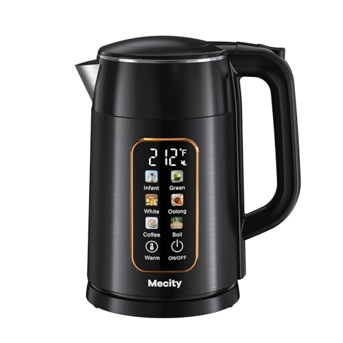 Image of Mecity Electric Kettle 1.7L Touch Screen Temperature Control Water Boiler, No Plastic Contact with Water. 6 Preset Temperature Programs, 2 Hours Keep Warm, Black