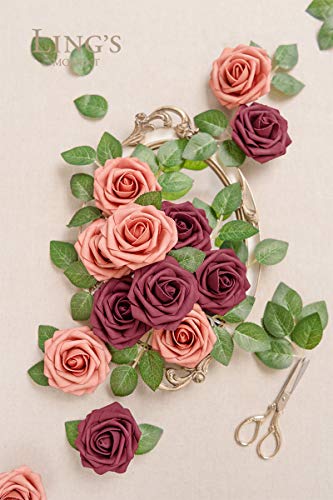 Ling's Moment Artificial Flowers Burgundy & Pinky Cedar Roses 50Pcs Real Looking Fake Roses W/Stem For Diy Wedding Bouquets Centerpieces Arrangements Party Baby Shower Home Decorations #TOP2