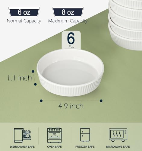 Ramekins 8 oz Oven Safe Set of 6 - Ceramic Creme Brulee Dishes, Souffle Cups, Individual Quiche Baking Dish, Food-Safe White Pudding Bowls for Kitchen, Stackable and Dishwasher Safe - Image 4