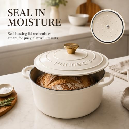 Parmedu 5.5QT Enameled Cast Iron Dutch Oven for Sourdough Bread White - Image 4