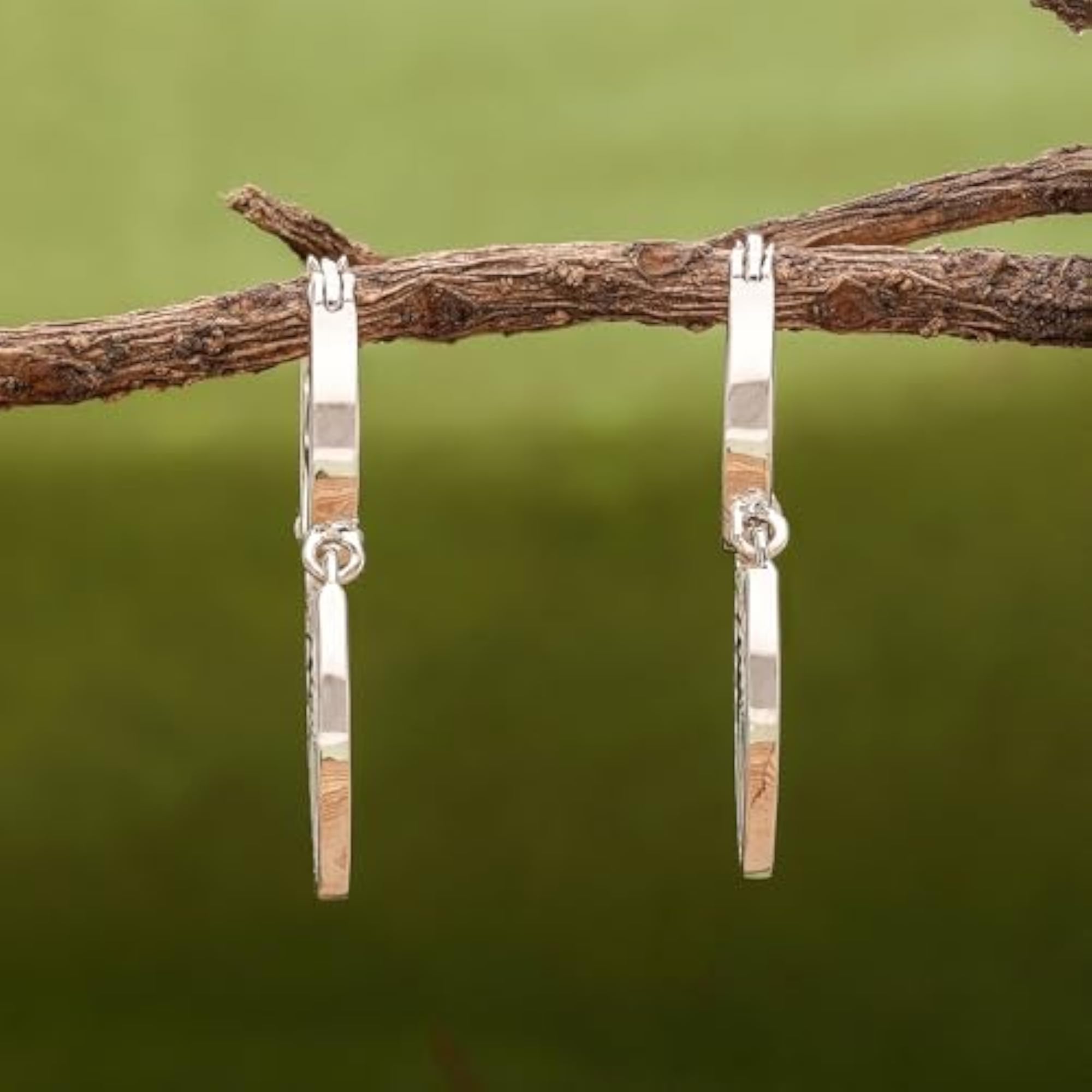 Women's 925 Sterling Silver Textured Geometric Hoop Dangle Earrings