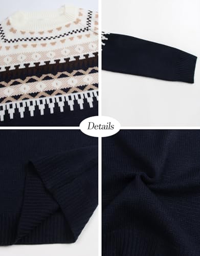 Image of Women's Fair Isle Sweater Crew Neck Long Sleeve Heart Sweater Vintage Tops