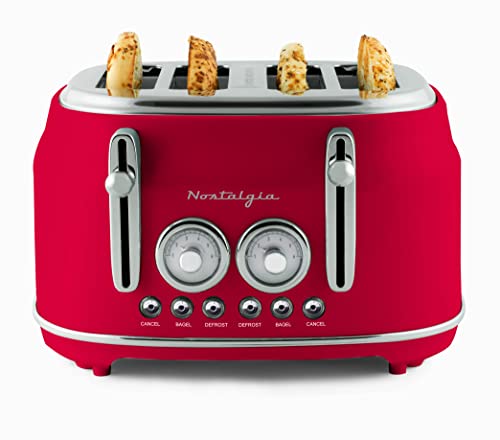 Nostalgia Classic 4-Slice Wide Slot Toaster, Retro Vintage Design With Six Toasting Settings & Removable Crumb Tray, Red