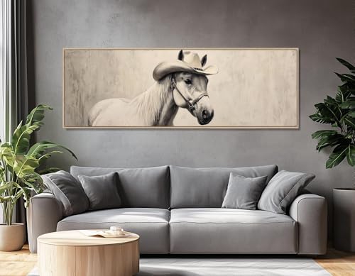 Cheval blanc avec un chapeau de cowboy imprimé sur toile 65x195
