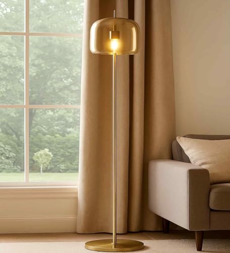 Image of Modern Floor Lamp for Living Room | Gold Metal Standing Lamp with Glass Shade | Minimalist LED Floor Lamp for Bedroom, Corner, Reading & Home Decor