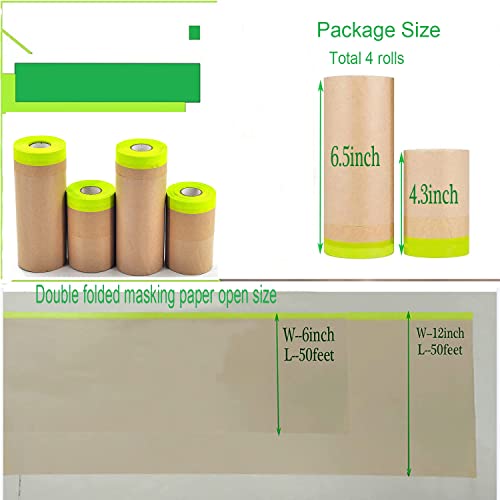 Pre-Taped Masking Paper,4 Pack Tape And Drape Painters Paper,Assorted Size Automotive Paint Masking Paper,Masking Paper For Painting Cars And Decoration Spray Paint ( Total 200 Ft Long 2 Size) #TOP1