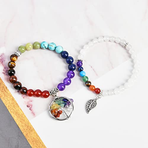 Image of YGLINE Tree of Life Yoga Healing Stone Bracelets,Multilayer Lotus Chakra Stone Reiki Bracelet Sets,Anxiety Crystal Natural Stone,for Women Stress Relief