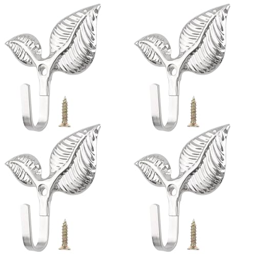 Set of 4 Vintage Leaf Wall Hooks Silver Metal Coat
