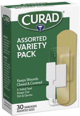 CURAD Assorted Adhesive Bandages, 4-Sided Seal, Variety Pack, Perfect for First Aid Kit, 30 Count, Pack of 6