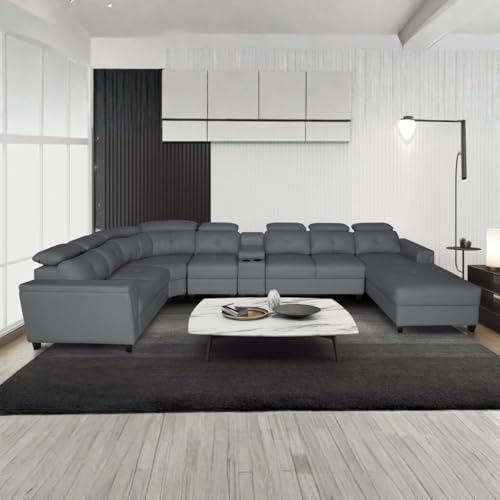 Image of Torque Arnold Fabric 8 Seater Sofa with Lounger and Cup Holder Dark Grey | Corner Sofa Couch with Moveable Headrest | U Shape Sectional Sofa Set Living Room Office Home