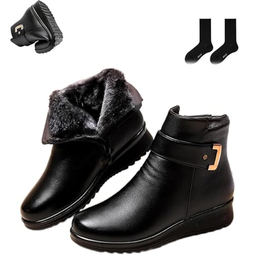 Women's Metal Buckle Genuine Leather Wool Orthopedic Boots, Winter Warm Non-slip Waterproof Ankle Booties with Side Zipper, Orthopedic Snow Boots for Women