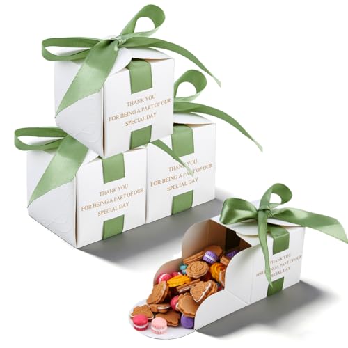 DICOSMETIC Lot de 60 boîtes à dragées de mariage - 6,5 x 6,5 x 6,7 cm - Avec rubans vert olive - Petites boîtes à cadeaux pour invités, pour douche...