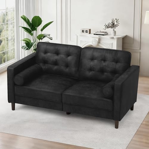 Image of 67 inch Suede Leather 2 Seater Sofa with Two Bolster Pillows, Black | Tufted Sofa with Wooden Legs, Mordern Couch for Living Room, Office, Apartment