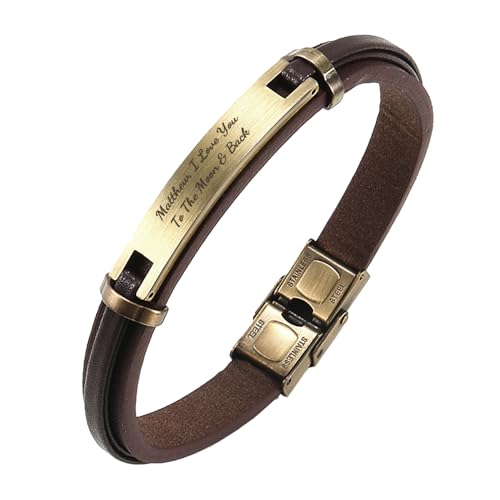 Qina C. Personalized Custom Mens Leather Bracelet Engraved Text Stainless Steel Wristband Gift f/Boyfriend Dad Husband