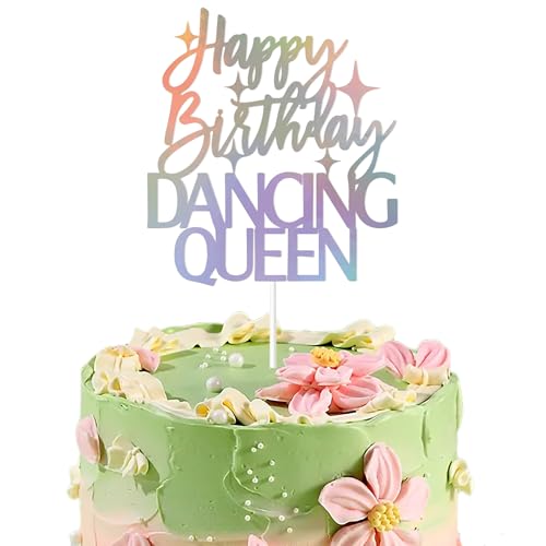 Happy Birthday DANCING QUEEN Cake Topper - Large Glitter Retro Disco Theme Party Decoration for Women's Birthday, 70s 80s Music Dance Party Supplies