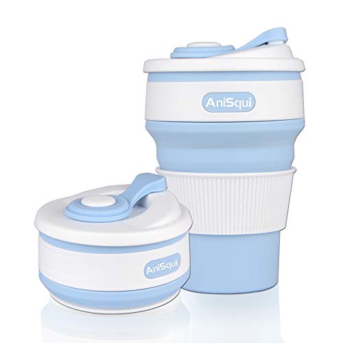 AniSqui Taza de café plegable de silicona con tapas (350ml, a prueba de fugas, sin BPA, reutilizable, taza de café, taza de café portátil