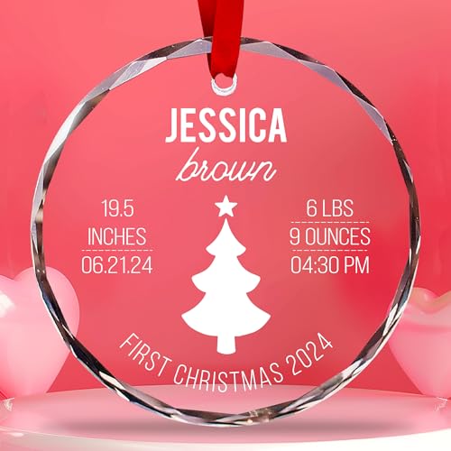 Personalized Baby's First Christmas Crystal Ornament - 2024 Custom Baby Weight Inches Time Date, Pregnancy Newborn Boy, Girl Keepsake, 1st Xmas Hanging Decoration, New Babies Shower Decor Ornaments