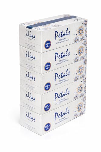 Petals Facial Tissue -140 sheets - Pack of 5 - Ultra-Soft 2-Ply Tissues for Facial Cleansing Makeup Removal & Everyday Use - Hypoallergenic Absorbent Eco-Friendly Tissue Box