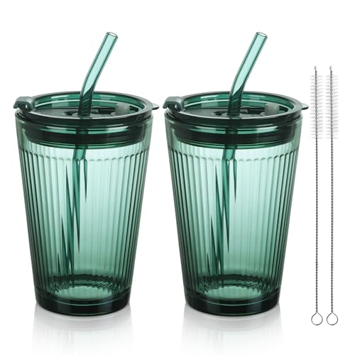 Joeyan 2 Pezzi 450ml Bicchieri da Acqua Verde con Coperchio e Cannuccia, Tazza da Caffè Design Ermetico e Impermeabile, Coppe in Vetro Portatile Uso Interno ed Esterno per Tè, Smoothie, Succo,Birra