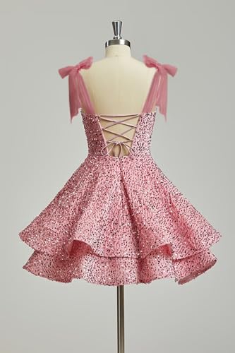 Xijun Sparkly Sequin Homecoming Dresses 2025 Spaghetti Straps Tiered HOCO Dress Bow Cocktail Party Gowns3