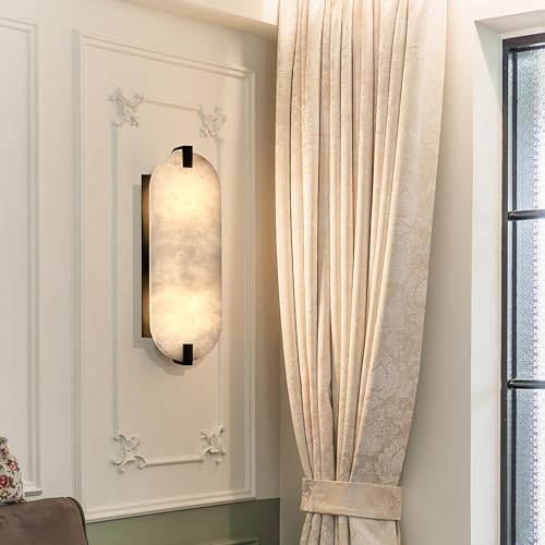 Image of 2 Light 15.63 inch Natural Oval Alabaster Marble Bathroom Wall Sconce Modern Concise Style Wall Light Fixture,Oil Rubbed Bronze Finish for Bedroom Hallway Bedside Living Room