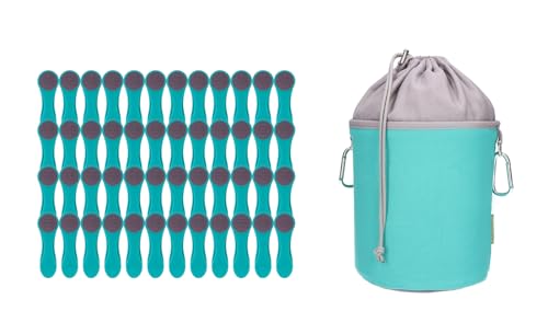 48 Wäscheklammern mit Druckfedern aus Edelstahl, Softtouch Türkis, 1 Canvas Wäscheklammerbeutel Türkis Grau