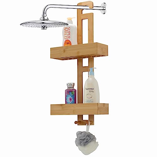 Bathroom Multi-function Natural Bamboo Storage Rack Over Shower Head Organizer, Shower Ball,...