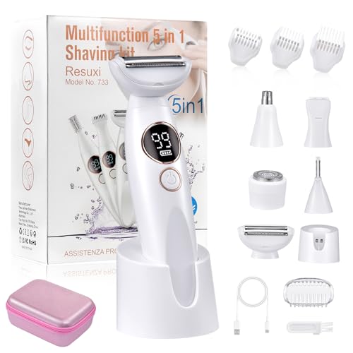 Rasoir Electrique Femme, 5 en 1 Epilateur Electrique, USB Rechargeable Rasoir Indolore, IPX7 Étanche Tondeuse Femme Intime pour Visage, Bras, Jambes, Aisselles