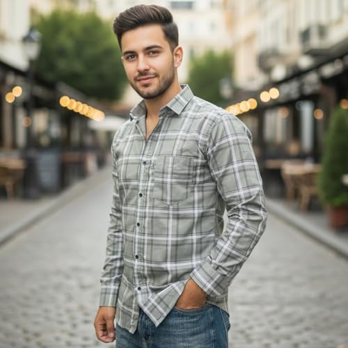 Image of Pack of 2 Men's Cotton Fabric Button-Down Full Sleeve Collar Neck Regular Fit Checked Print Shirt