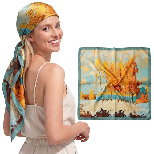 RIIQIICHY 35 Inches Head Scarf for Women Silky Feel Hair Wrapping Square Printed Scarves Top Fashion Accessory C027