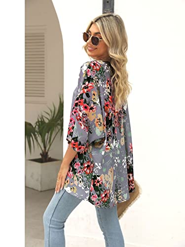 Summer Floral Kimono Cardigans For Women Beach Swimwear Bathing Suit Cover Up Open Front Tops Blouse (Deep Gray, Medium) #TOP2