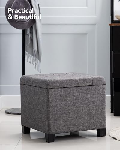 HNNHOME Pouffe Footstool Ottoman Storage Box, 45cm Cube Strong Wooden Frame Linen Living Room Foot stool, Toy Chest, Dressing Stool Seat Chair with Lids for Bedroom (Charcoal) - Image 7