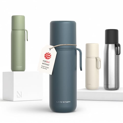 Image of LARS NYSOM Stainless Steel Thermo Water Bottle - Double Wall Insulated Water Bottle with Cup & Carry Strap, Leakproof Metal Bottle for Travel, Office & Outdoor (Stone Blue, 17oz)
