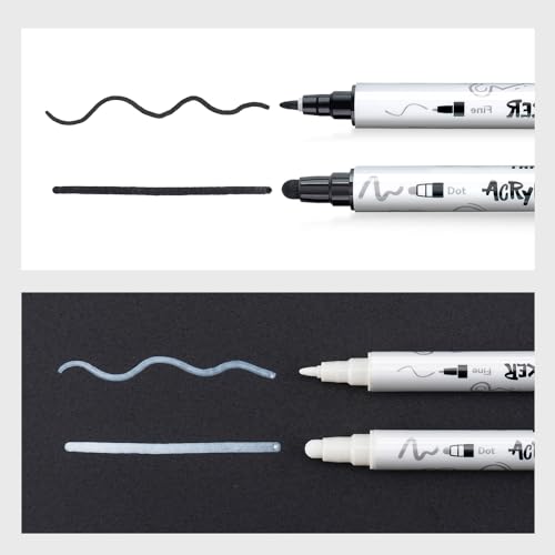 Image of TRANSON 4 Black and 4 White Paint Markers Bold and Fine Dual-tip Acrylic Paint Marker Set for Rock Painting Glass Canvas Wood Leather Ceramic Painting