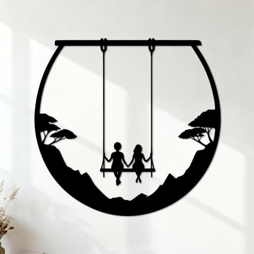 silhouette d'enfants assis sur une balançoire Stickers muraux en PVC 54.6x57.2cm Stickers pour vitres Noir