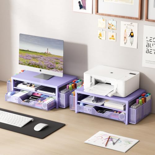 Image of OPNICE Desk Organizers and Accessories, Computer Monitor Stand Riser with Drawer and 2 Pen Holders, Printer & Laptop Stand, Office Desk Accessories & Workspace Organizers for Home Office Supplies, Metal Purple