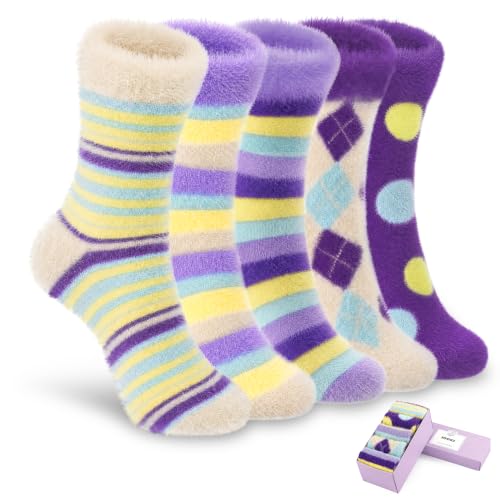 Image of SISOSOCK 5 Pairs Fuzzy Soft Cozy Comfy Socks Warm Birthday Gifts for Women | Comfortable Casual Sleep Home Bed Cloud Booties Socks, Perfect Warm Winter Gifts for Wife Girlfriend or Mom Gradma