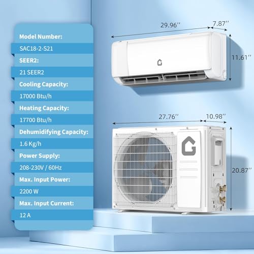 Image of 18,000 BTU Ductless Mini Split AC & Heat Pump, 21 SEER2 Inverter, Ultra-Quiet, WiFi & Voice Control, 4 Modes, Cools & Heats Up to 1,250 Sq.ft, Install Kit, 208-230V