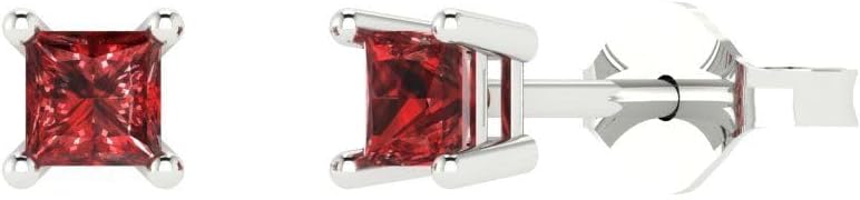 14K White Gold Plated 925 Sterling Silver Push back Dainty Stud Earrings for Women - 0.5 cttw Princess Cut Natural Garnet