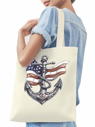 Canvas Tote Bags,Grocery Shopping Cloth Bag Nautical Anchor USA Flag Reusable Shoulder Bags Tote Bag for Travel Work Gym3